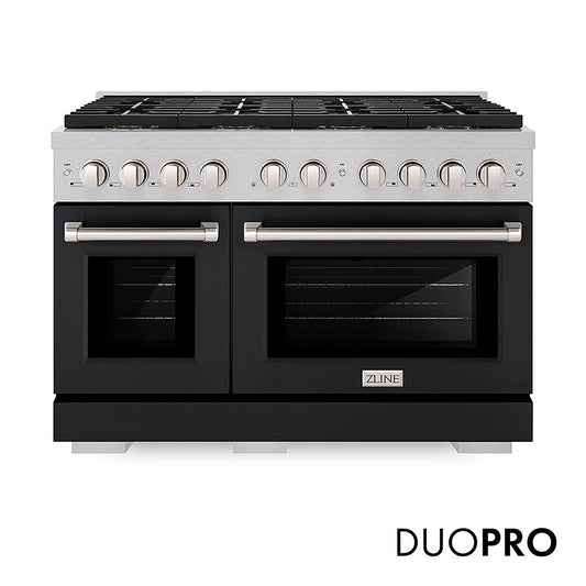 ZLINE 48 in. 6.7 cu. ft. Paramount Gas Range with 8 Burner DuoPro™ Cooktop and Dual Ovens in Satin Stainless Steel with Black Matte Doors (PSGRS-BLM-48)