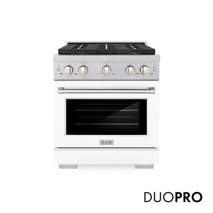 ZLINE 30 in. 4.2 cu. ft. Paramount Gas Range with 4 Burner DuoPro™ Cooktop and Convection Gas Oven in Satin Stainless Steel with White Matte Door (PSGRS-WM-30)