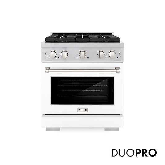 ZLINE 30 in. 4.2 cu. ft. Paramount Gas Range with 4 Burner DuoPro™ Cooktop and Convection Gas Oven in Satin Stainless Steel with White Matte Door (PSGRS-WM-30)