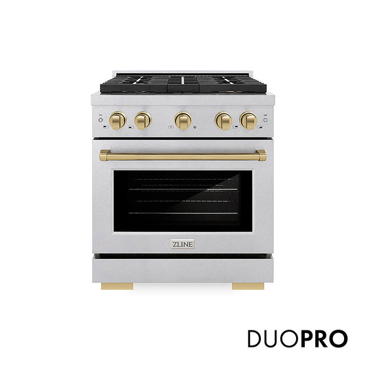 ZLINE Autograph Edition 30 in. 4.2 cu. ft. Paramount Gas Range with 4 Burner DuoPro™ Cooktop and Convection Gas Oven in Satin Stainless Steel and Champagne Bronze Accents (PSGRSZ-30-CB)
