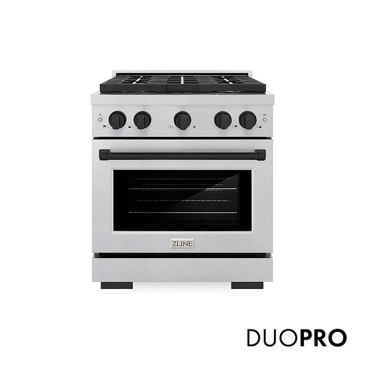 ZLINE Autograph Edition 30 in. 4.2 cu. ft. Paramount Gas Range with 4 Burner DuoPro™ Cooktop and Convection Gas Oven in Satin Stainless Steel and Matte Black Accents (PSGRSZ-30-MB)