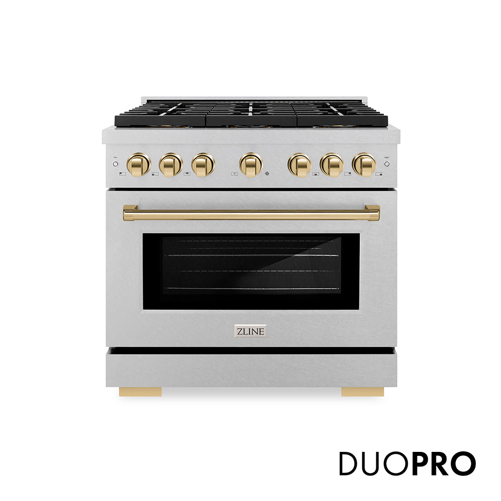 ZLINE Autograph Edition 36 in. 5.2 cu. ft. Paramount Gas Range with 6 Burner DuoPro™ Cooktop and Convection Gas Oven in Satin Stainless Steel and Polished Gold Accents (PSGRSZ-36-G)