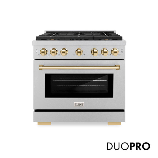 ZLINE Autograph Edition 36 in. 5.2 cu. ft. Paramount Gas Range with 6 Burner DuoPro™ Cooktop and Convection Gas Oven in Satin Stainless Steel and Polished Gold Accents (PSGRSZ-36-G)