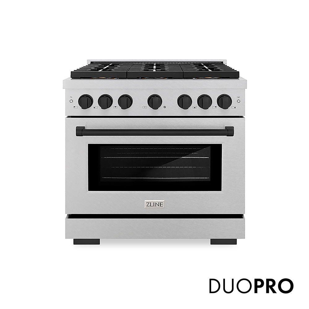 ZLINE Autograph Edition 36 in. 5.2 cu. ft. Paramount Gas Range with 6 Burner DuoPro™ Cooktop and Convection Gas Oven in Satin Stainless Steel and Matte Black Accents (PSGRSZ-36-MB)