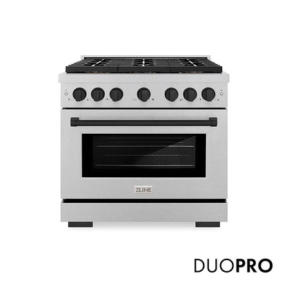 ZLINE Autograph Edition 36 in. 5.2 cu. ft. Paramount Gas Range with 6 Burner DuoPro™ Cooktop and Convection Gas Oven in Satin Stainless Steel and Matte Black Accents (PSGRSZ-36-MB)