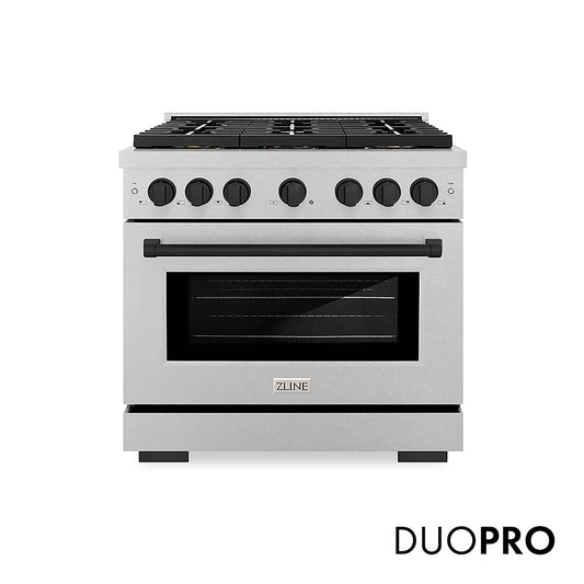 ZLINE Autograph Edition 36 in. 5.2 cu. ft. Paramount Gas Range with 6 Burner DuoPro™ Cooktop and Convection Gas Oven in Satin Stainless Steel and Matte Black Accents (PSGRSZ-36-MB)
