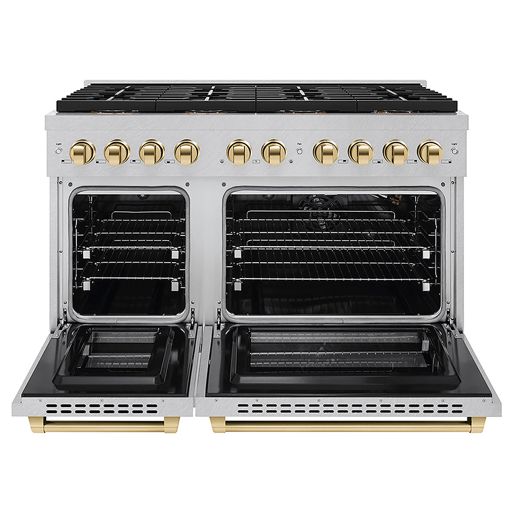 ZLINE Autograph Edition 48 in. 6.7 cu. ft. Paramount Gas Range with 8 Burner DuoPro™ Cooktop and Dual Ovens in Satin Stainless Steel and Polished Gold Accents (PSGRSZ-48-G)