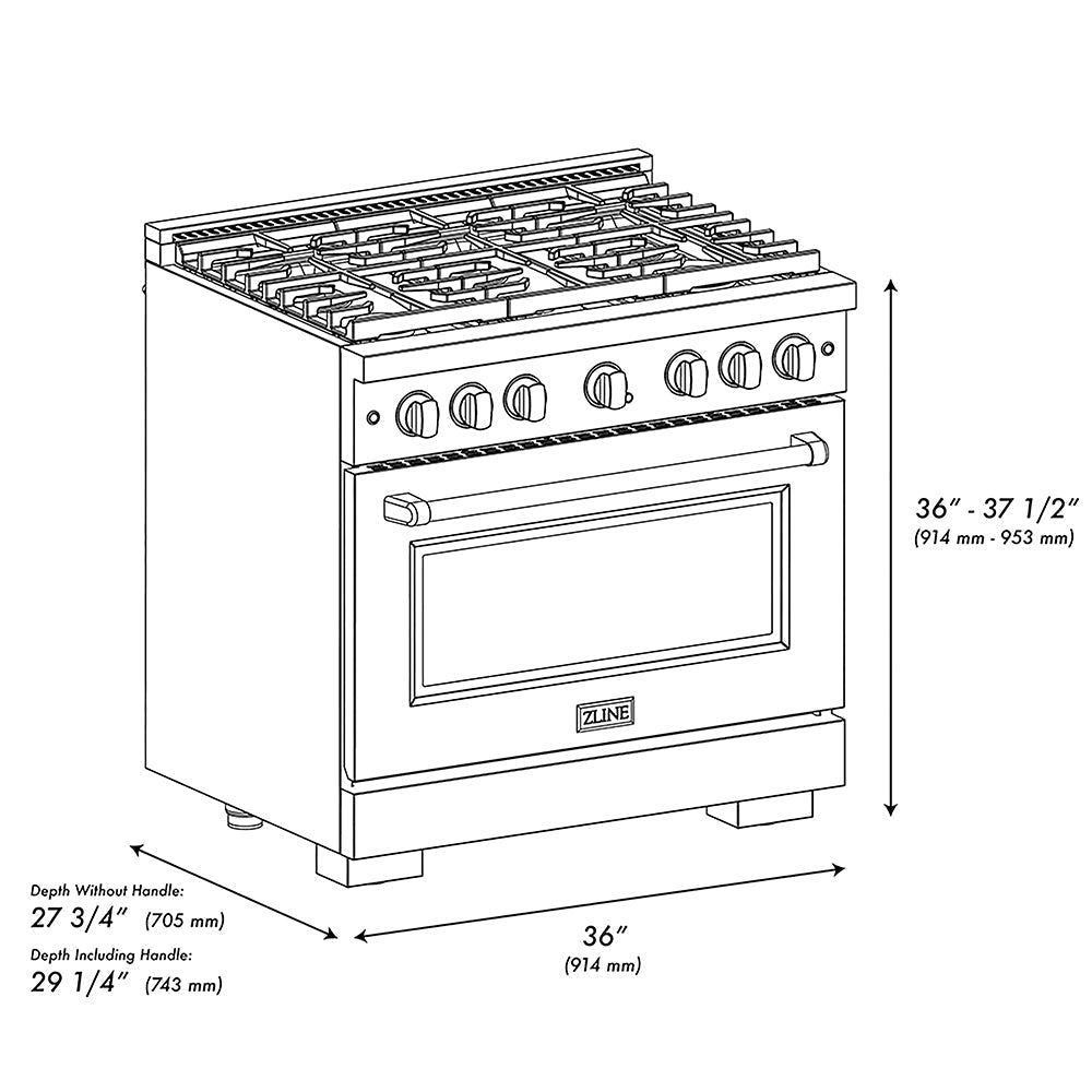 ZLINE Autograph Edition 36 in. 5.2 cu. ft. Paramount Gas Range with 6 Burner DuoPro™ Cooktop and Convection Gas Oven in Satin Stainless Steel with Black Matte Door and Champagne Bronze Accents (PSGRSZ-BLM36-CB)