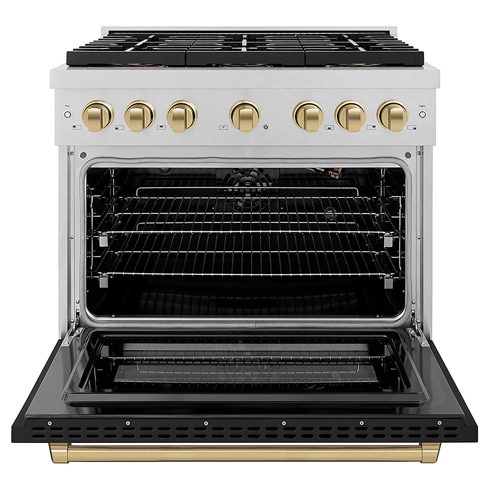 ZLINE Autograph Edition 36 in. 5.2 cu. ft. Paramount Gas Range with 6 Burner DuoPro™ Cooktop and Convection Gas Oven in Satin Stainless Steel with Black Matte Door and Champagne Bronze Accents (PSGRSZ-BLM36-CB)
