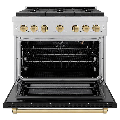 ZLINE Autograph Edition 36 in. 5.2 cu. ft. Paramount Gas Range with 6 Burner DuoPro™ Cooktop and Convection Gas Oven in Satin Stainless Steel with Black Matte Door and Champagne Bronze Accents (PSGRSZ-BLM36-CB)