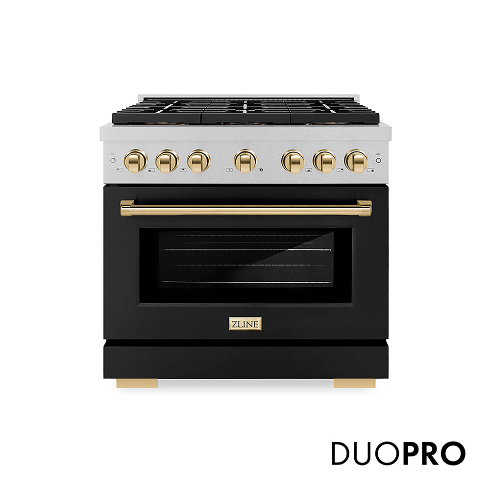 ZLINE Autograph Edition 36 in. 5.2 cu. ft. Paramount Gas Range with 6 Burner DuoPro™ Cooktop and Convection Gas Oven in Satin Stainless Steel with Black Matte Door and Polished Gold Accents (PSGRSZ-BLM36-G)