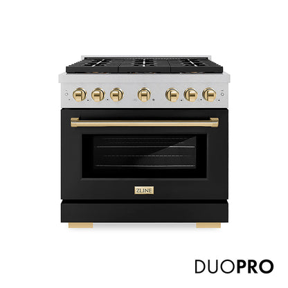 ZLINE Autograph Edition 36 in. 5.2 cu. ft. Paramount Gas Range with 6 Burner DuoPro™ Cooktop and Convection Gas Oven in Satin Stainless Steel with Black Matte Door and Polished Gold Accents (PSGRSZ-BLM36-G)