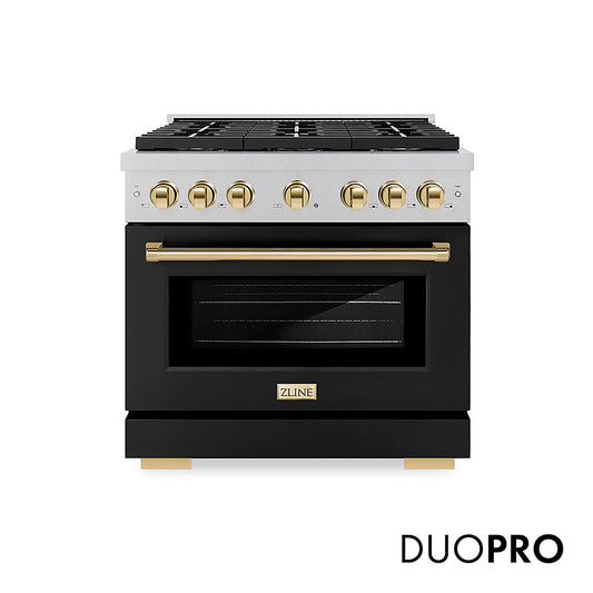 ZLINE Autograph Edition 36 in. 5.2 cu. ft. Paramount Gas Range with 6 Burner DuoPro™ Cooktop and Convection Gas Oven in Satin Stainless Steel with Black Matte Door and Polished Gold Accents (PSGRSZ-BLM36-G)