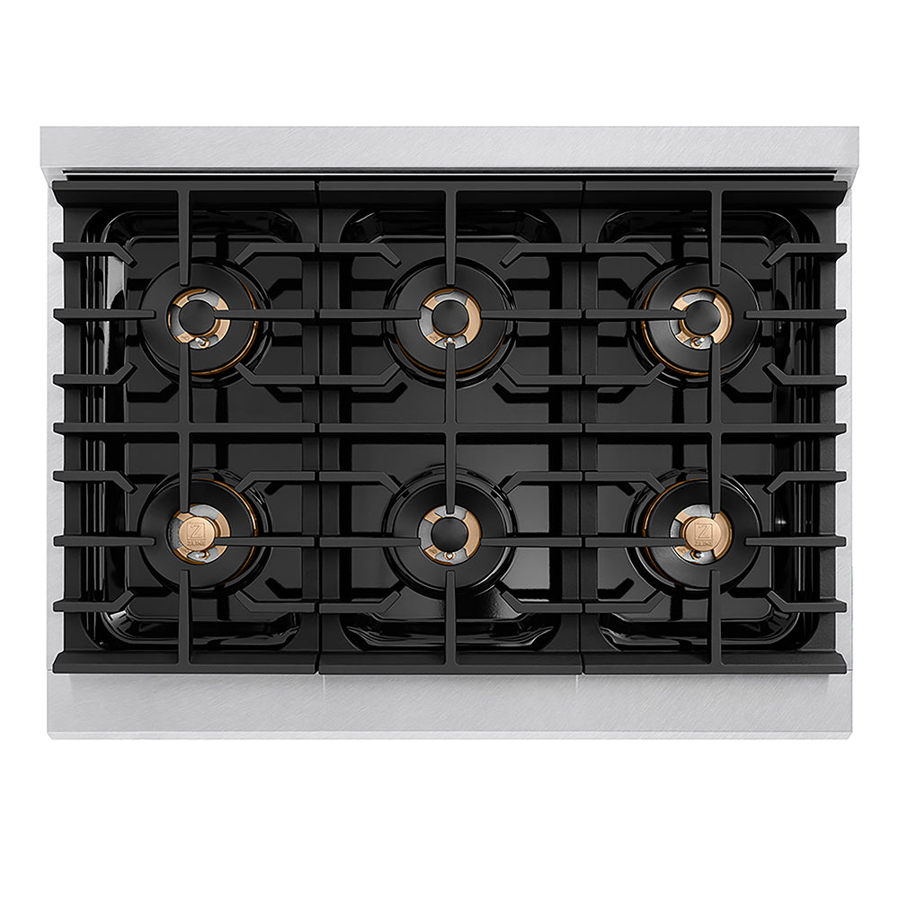 ZLINE Autograph Edition 36 in. 5.2 cu. ft. Paramount Gas Range with 6 Burner DuoPro™ Cooktop and Convection Gas Oven in Satin Stainless Steel with Black Matte Door and Polished Gold Accents (PSGRSZ-BLM36-G)