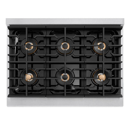 ZLINE Autograph Edition 36 in. 5.2 cu. ft. Paramount Gas Range with 6 Burner DuoPro™ Cooktop and Convection Gas Oven in Satin Stainless Steel with Black Matte Door and Polished Gold Accents (PSGRSZ-BLM36-G)