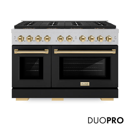 ZLINE Autograph Edition 48 in. 6.7 cu. ft. Paramount Gas Range with 8 Burner DuoPro™ Cooktop and Dual Ovens in Satin Stainless Steel with Black Matte Doors and Polished Gold Accents (PSGRSZ-BLM48-G)