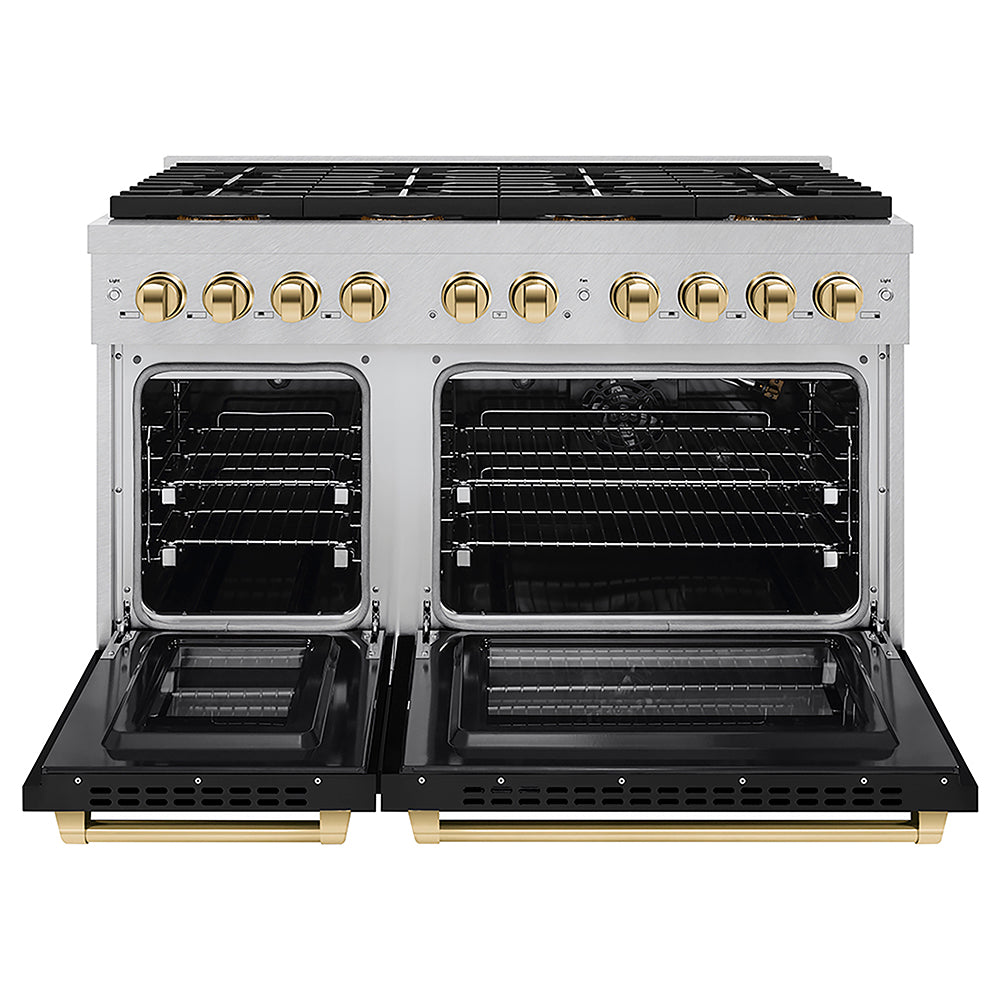 ZLINE Autograph Edition 48 in. 6.7 cu. ft. Paramount Gas Range with 8 Burner DuoPro™ Cooktop and Dual Ovens in Satin Stainless Steel with Black Matte Doors and Polished Gold Accents (PSGRSZ-BLM48-G)