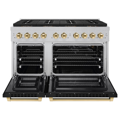 ZLINE Autograph Edition 48 in. 6.7 cu. ft. Paramount Gas Range with 8 Burner DuoPro™ Cooktop and Dual Ovens in Satin Stainless Steel with Black Matte Doors and Polished Gold Accents (PSGRSZ-BLM48-G)
