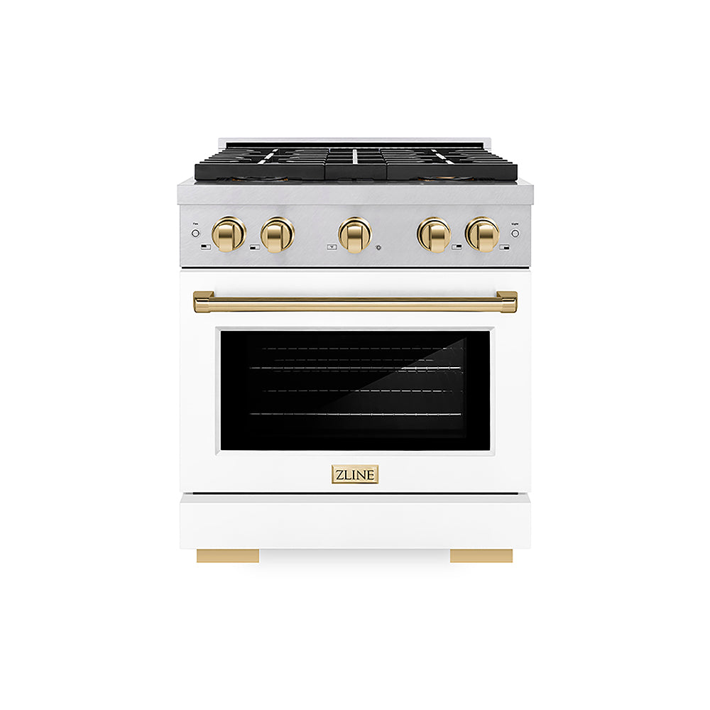 ZLINE Autograph Edition 30 in. 4.2 cu. ft. Paramount Gas Range with 4 Burner DuoPro™ Cooktop and Convection Gas Oven in Satin Stainless Steel with White Matte Door and Polished Gold Accents (PSGRSZ-WM-30-G)