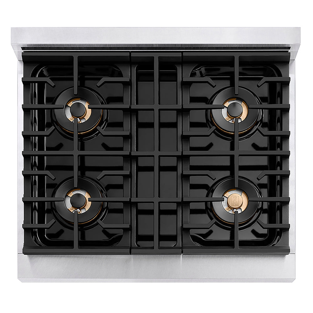 ZLINE Autograph Edition 30 in. 4.2 cu. ft. Paramount Gas Range with 4 Burner DuoPro™ Cooktop and Convection Gas Oven in Satin Stainless Steel with White Matte Door and Polished Gold Accents (PSGRSZ-WM-30-G)