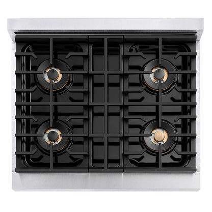 ZLINE Autograph Edition 30 in. 4.2 cu. ft. Paramount Gas Range with 4 Burner DuoPro™ Cooktop and Convection Gas Oven in Satin Stainless Steel with White Matte Door and Polished Gold Accents (PSGRSZ-WM-30-G)