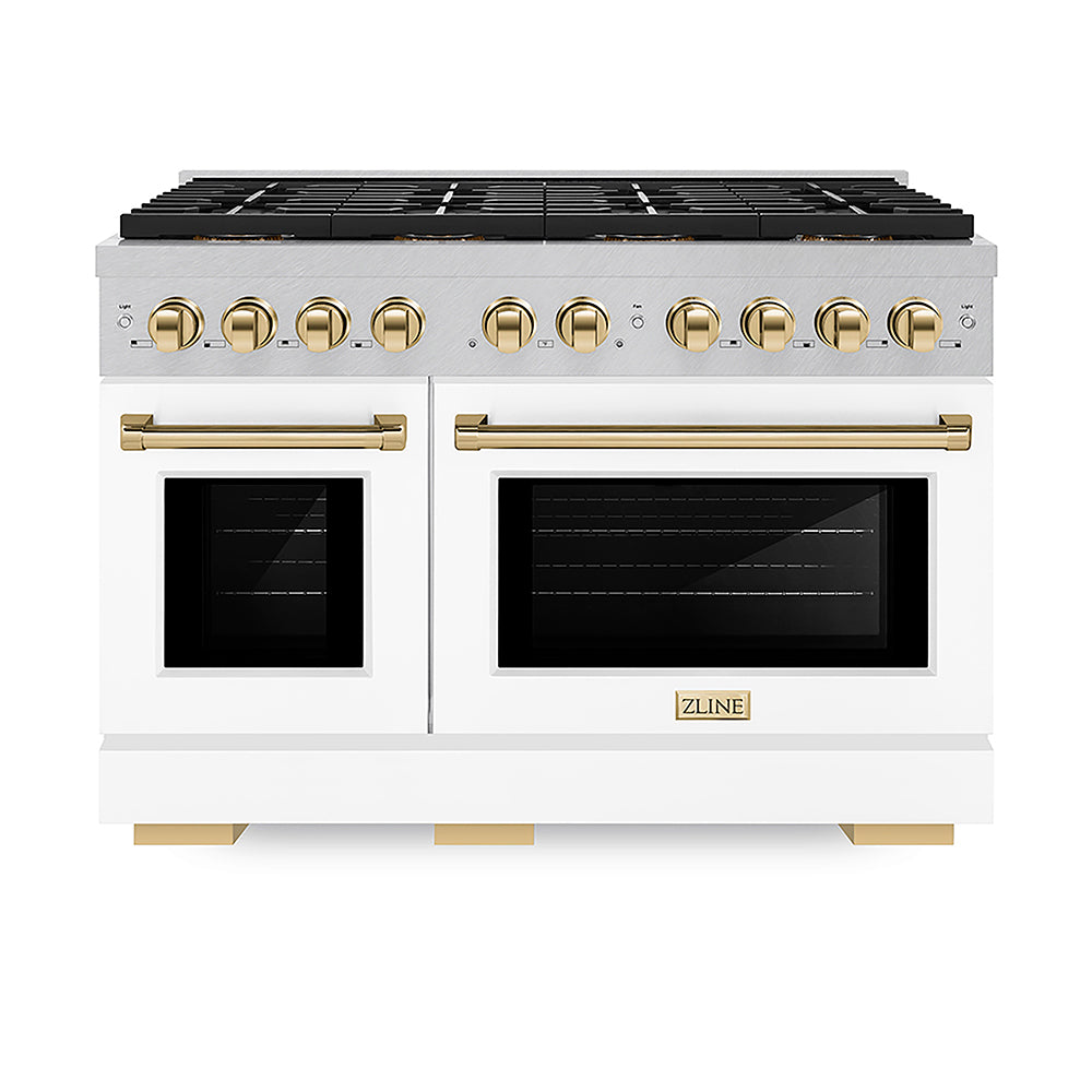 ZLINE Autograph Edition 48 in. 6.7 cu. ft. Paramount Gas Range with 8 Burner DuoPro™ Cooktop and Dual Ovens in Satin Stainless Steel with White Matte Doors and Polished Gold Accents (PSGRSZ-WM-48-G)