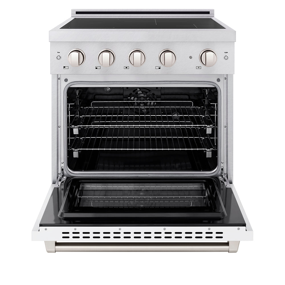 ZLINE 30 in. 4.2 cu. ft. Paramount Induction Range with 4 Element Cooktop and Electric Convection Oven in Satin Stainless Steel with White Matte Door (SINRS-WM-30)