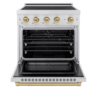 ZLINE Autograph Edition 30 in. 4.2 cu. ft. Paramount Induction Range with 4 Element Cooktop and Electric Convection Oven in Satin Stainless Steel with Champagne Bronze Accents (SINRSZ-30-CB)