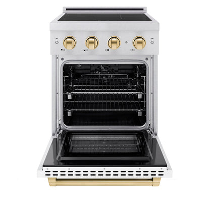 ZLINE Autograph Edition 24 in. 3.2 cu. ft. Paramount Induction Range with 3 Element Cooktop and Electric Convection Oven in Satin Stainless Steel with White Matte Door and Polished Gold Accents (SINRSZ-WM-24-G)