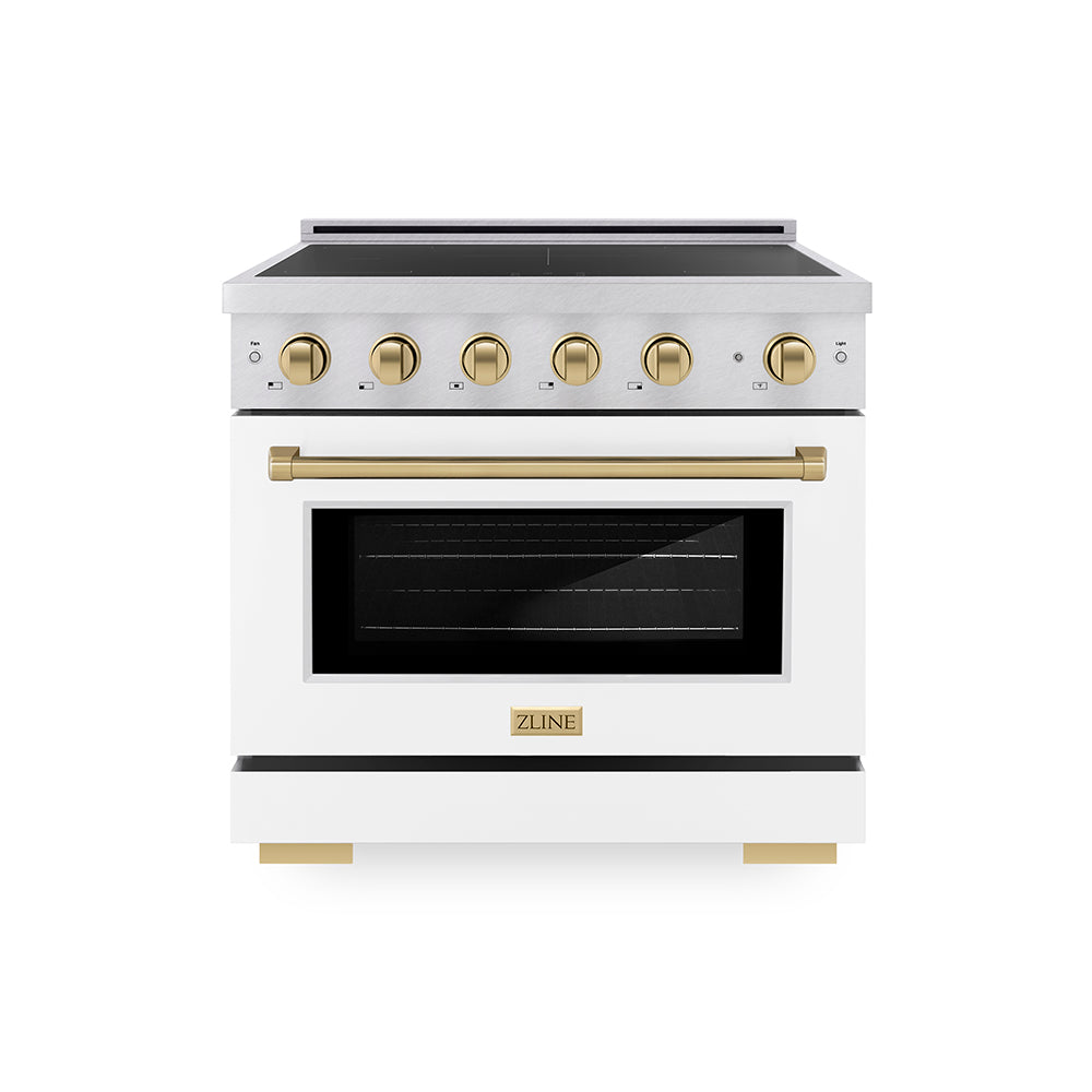 ZLINE Autograph Edition 36 in. 5.2 cu. ft. Paramount Induction Range with 5 Element Cooktop and Electric Convection Oven in Satin Stainless Steel with White Matte Door and Champagne Bronze Accents (SINRSZ-WM-36-CB)
