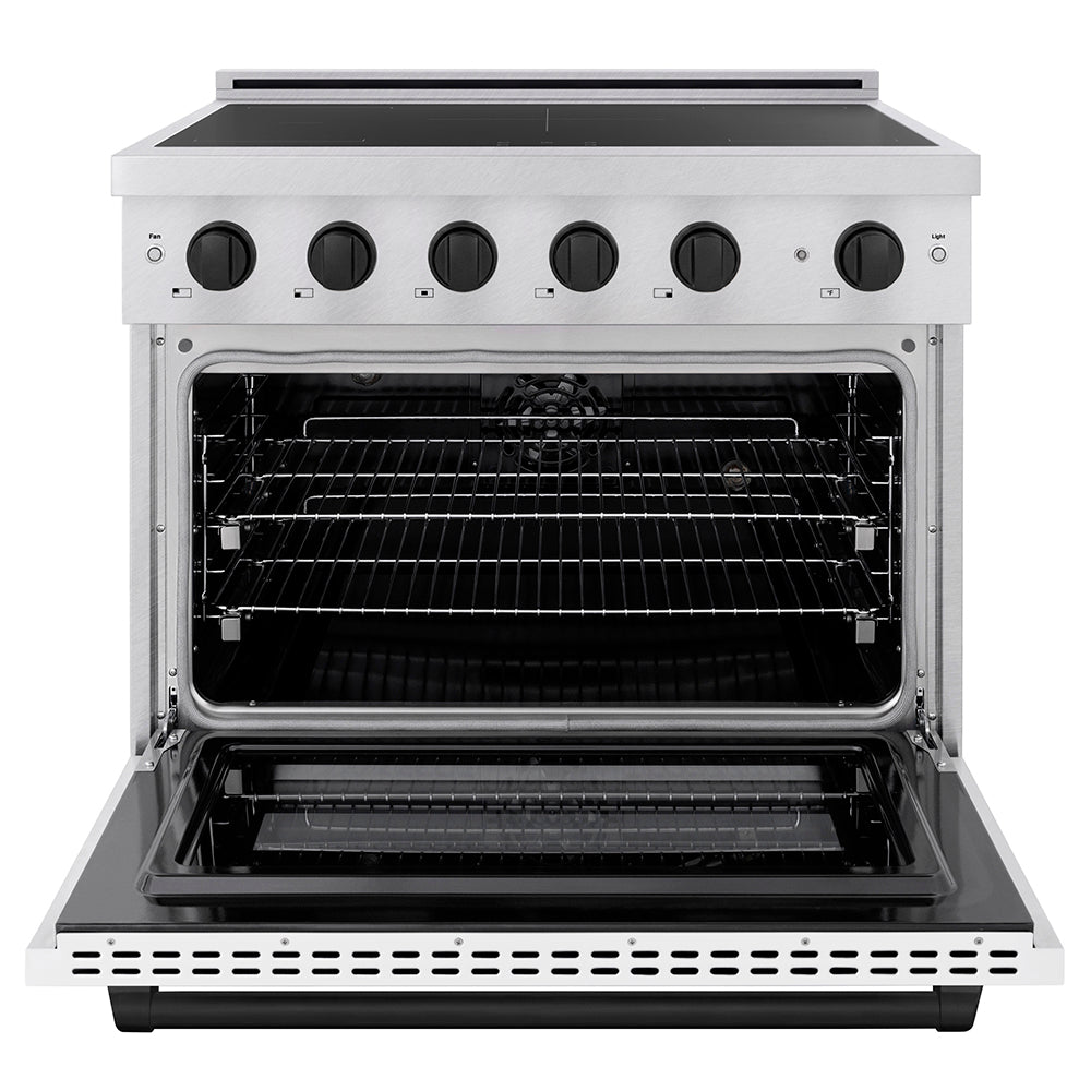ZLINE Autograph Edition 36 in. 5.2 cu. ft. Paramount Induction Range with 5 Element Cooktop and Electric Convection Oven in Satin Stainless Steel with White Matte Door and Matte Black Accents (SINRSZ-WM-36-MB)