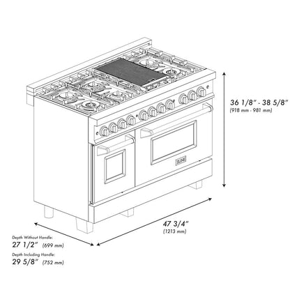 ZLINE 48 in. 6.0 cu. ft. Legacy Dual Fuel Range with 7 Burner Gas Cooktop and 2 Electric Ovens in Satin Stainless Steel and Red Gloss Doors (RAS-RG-48)