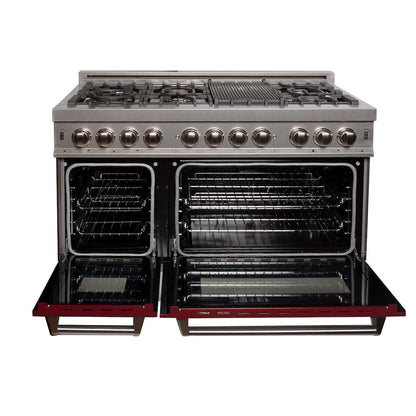 ZLINE 48 in. 6.0 cu. ft. Legacy Dual Fuel Range with 7 Burner Gas Cooktop and 2 Electric Ovens in Satin Stainless Steel and Red Gloss Doors (RAS-RG-48)