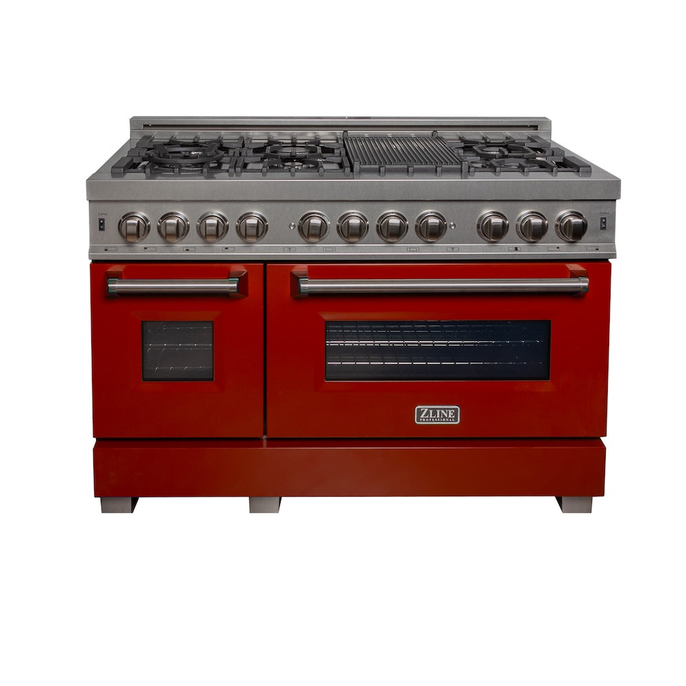 ZLINE 48 in. 6.0 cu. ft. Legacy Dual Fuel Range with 7 Burner Gas Cooktop and 2 Electric Ovens in Satin Stainless Steel and Red Gloss Doors (RAS-RG-48)