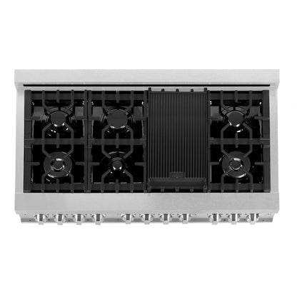 ZLINE 48 in. 6.0 cu. ft. Legacy Dual Fuel Range with 7 Burner Gas Cooktop and 2 Electric Ovens in Satin Stainless Steel and Red Gloss Doors (RAS-RG-48)