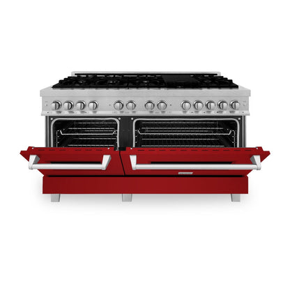 ZLINE 60 in. 7.4 cu. ft. Legacy Dual Fuel Range with 9 Burner Gas Cooktop and 2 Electric Convection Ovens in Satin Stainless Steel and Red Gloss Doors (RAS-RG-60)