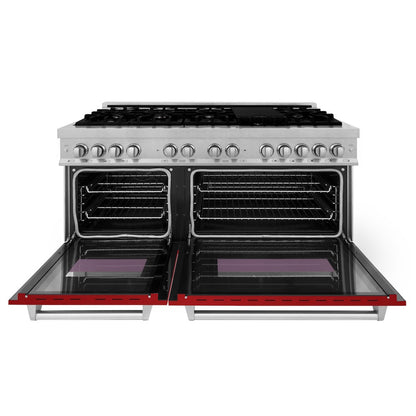 ZLINE 60 in. 7.4 cu. ft. Legacy Dual Fuel Range with 9 Burner Gas Cooktop and 2 Electric Convection Ovens in Satin Stainless Steel and Red Gloss Doors (RAS-RG-60)