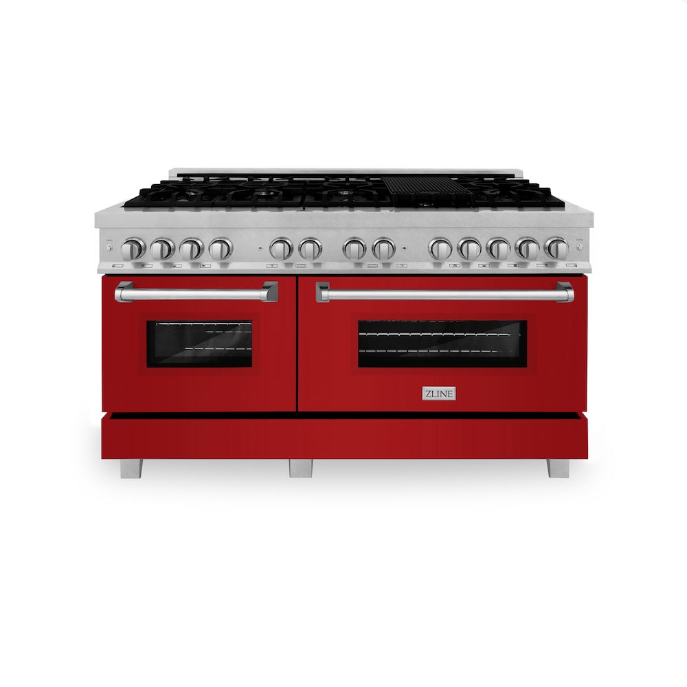 ZLINE 60 in. 7.4 cu. ft. Legacy Dual Fuel Range with 9 Burner Gas Cooktop and 2 Electric Convection Ovens in Satin Stainless Steel and Red Gloss Doors (RAS-RG-60)