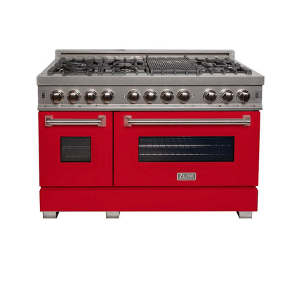 ZLINE 48 in. 6.0 cu. ft. Legacy Dual Fuel Range with 7 Burner Gas Cooktop and 2 Electric Ovens in Satin Stainless Steel and Red Matte Doors (RAS-RM-48)