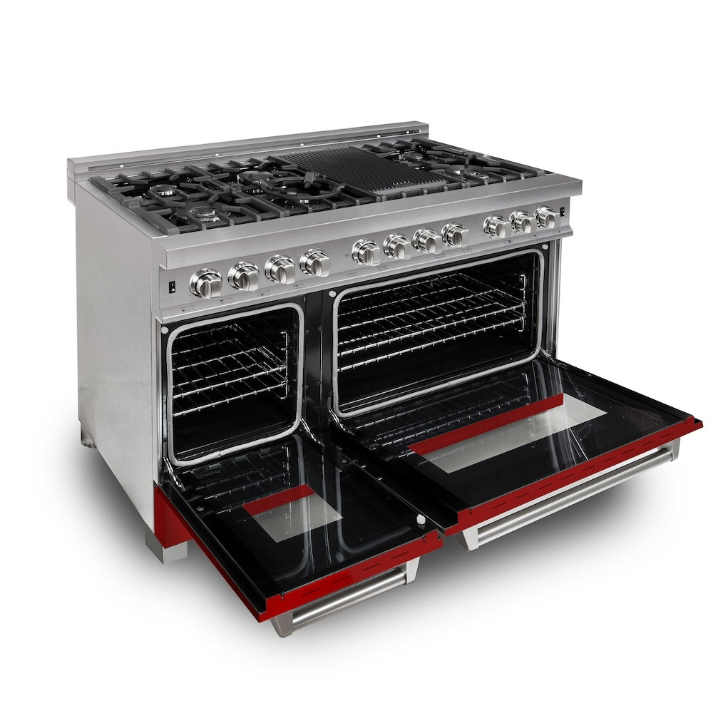 ZLINE 48 in. 6.0 cu. ft. Legacy Dual Fuel Range with 7 Burner Gas Cooktop and 2 Electric Ovens in Satin Stainless Steel and Red Matte Doors (RAS-RM-48)