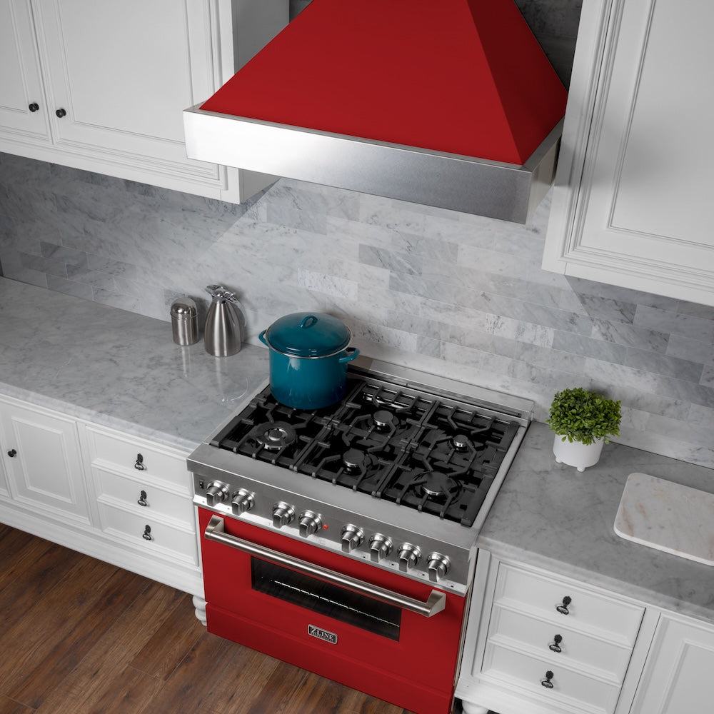 ZLINE 30 in. 4.0 cu. ft. Legacy Dual Fuel Range with 4 Burner Gas Cooktop and Electric Convection Oven in Satin Stainless Steel and Red Matte Door (RAS-RM-30)