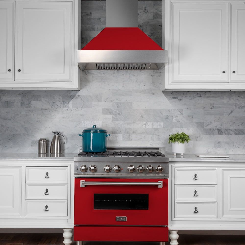 ZLINE 36 in. 4.6 cu. ft. Legacy Dual Fuel Range with 6 Burner Gas Cooktop and Electric Convection Oven in Satin Stainless Steel and Red Matte Door (RAS-RM-36)