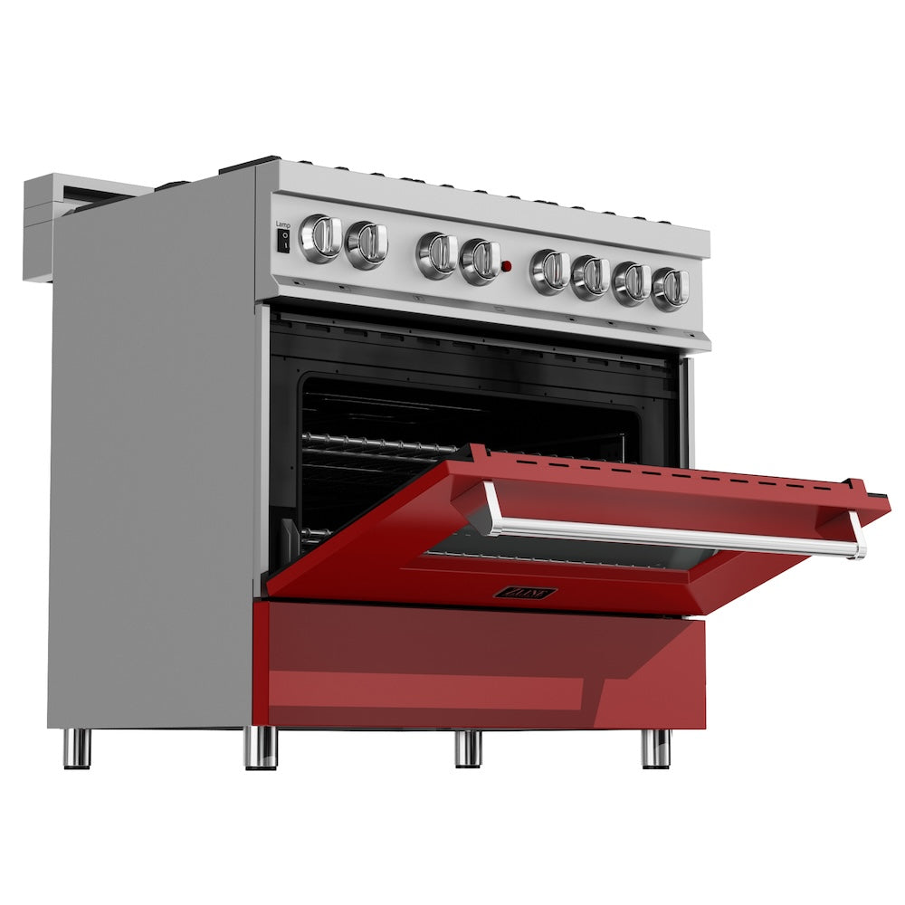 ZLINE 36 in. 4.6 cu. ft. Legacy Dual Fuel Range with 6 Burner Gas Cooktop and Electric Convection Oven in Satin Stainless Steel and Red Matte Door (RAS-RM-36)