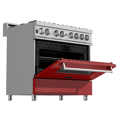 ZLINE 36 in. 4.6 cu. ft. Legacy Dual Fuel Range with 6 Burner Gas Cooktop and Electric Convection Oven in Satin Stainless Steel and Red Matte Door (RAS-RM-36)