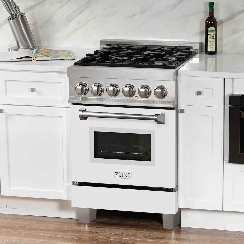 ZLINE 24 in. 2.8 cu. ft. Legacy Dual Fuel Range with 4 Burner Gas Cooktop and Electric Convection Oven in Satin Stainless Steel and White Matte Door (RAS-WM-24)