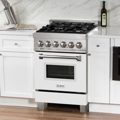 ZLINE 24 in. 2.8 cu. ft. Legacy Dual Fuel Range with 4 Burner Gas Cooktop and Electric Convection Oven in Satin Stainless Steel and White Matte Door (RAS-WM-24)