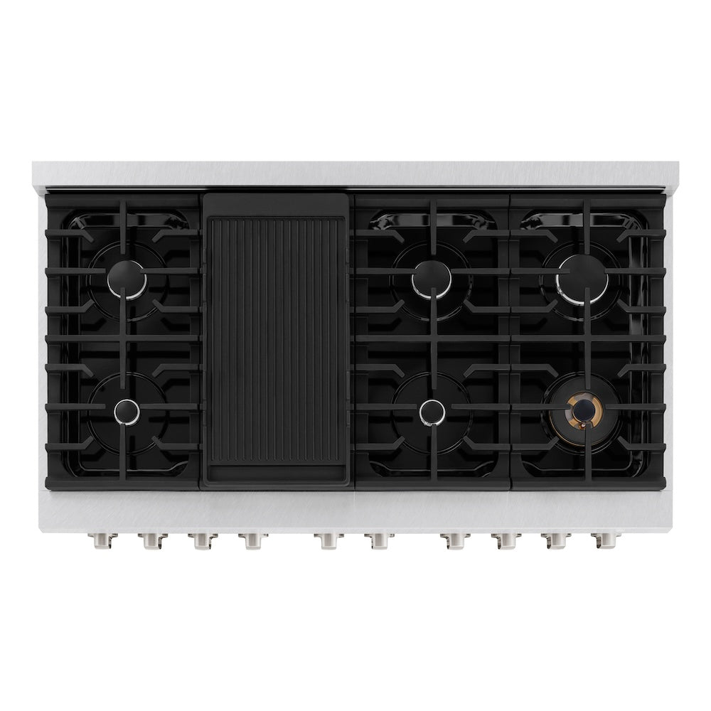 ZLINE 48 in. 6.7 cu. ft. Paramount Double Oven Gas Range with 8 Burner Cooktop in Satin Stainless Steel with White Matte Doors (SGRS-WM-48)