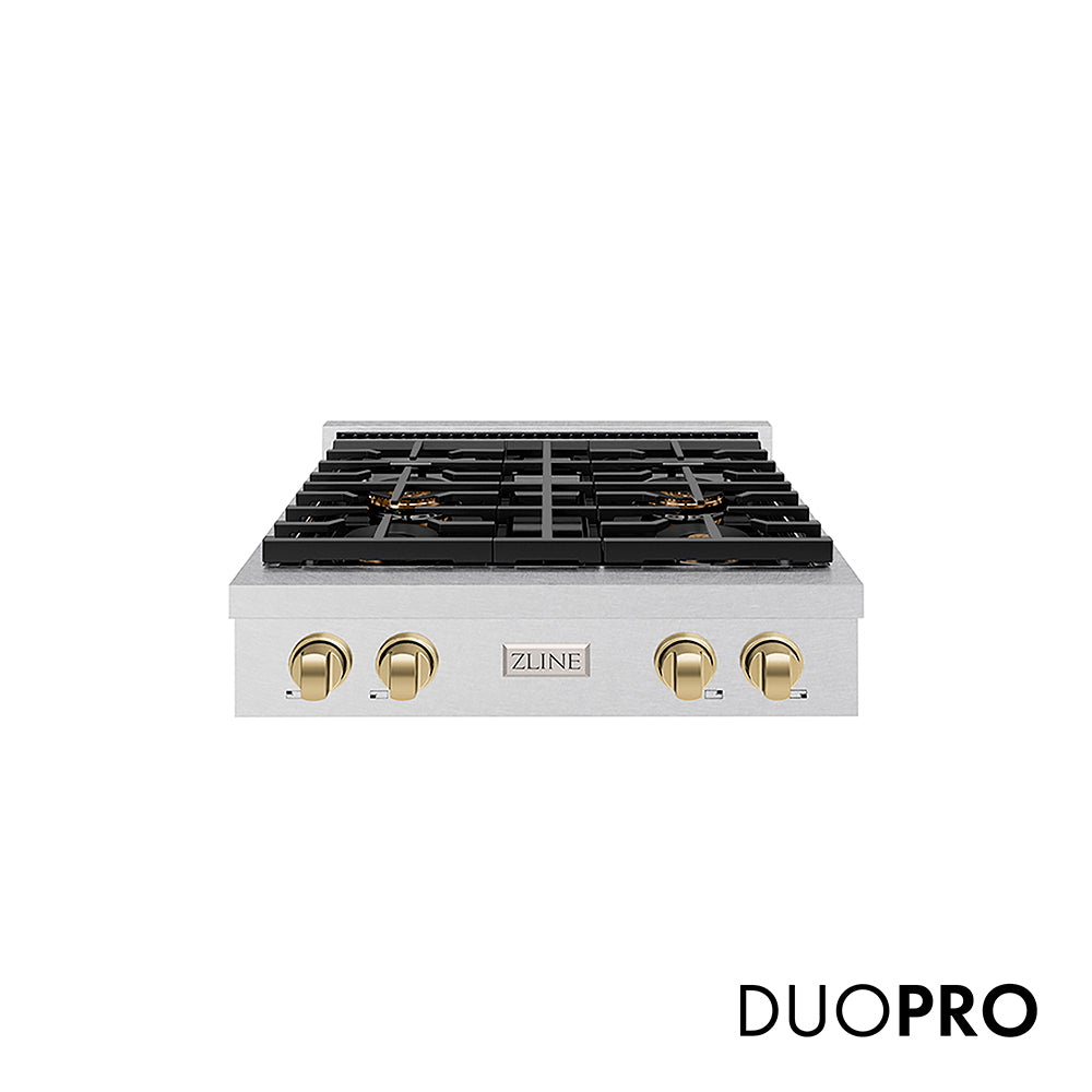 ZLINE Autograph Edition 30 in. Paramount Gas Rangetop with 4 Burner DuoPro™ Cooktop in Satin Stainless Steel and Champagne Bronze Accents (PSRTSZ-30-CB)