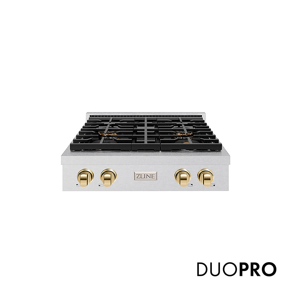 ZLINE Autograph Edition 30 in. Paramount Gas Rangetop with 4 Burner DuoPro™ Cooktop in Satin Stainless Steel and Polished Gold Accents (PSRTSZ-30-G)