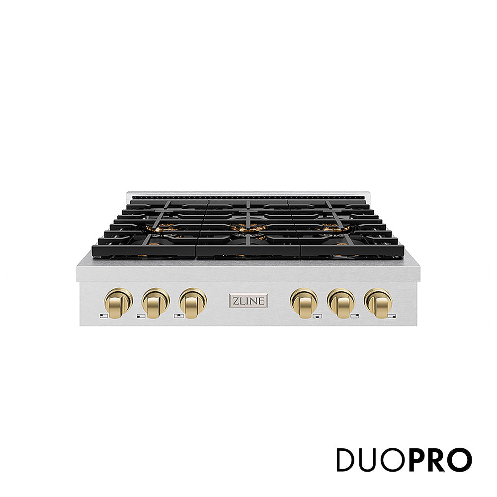 ZLINE Autograph Edition 36 in. Paramount Gas Rangetop with 6 Burner DuoPro™ Cooktop in Satin Stainless Steel and Champagne Bronze Accents (PSRTSZ-36-CB)
